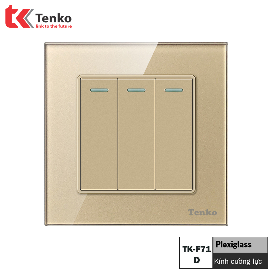 công tắc 3 hạt đế vuông đảo chiều cao cấp tenko tk-f71-d-03 màu vàng gold