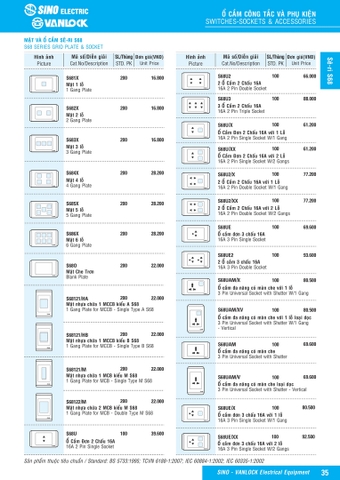 Bảng giá công tắc ổ cắm Sino
