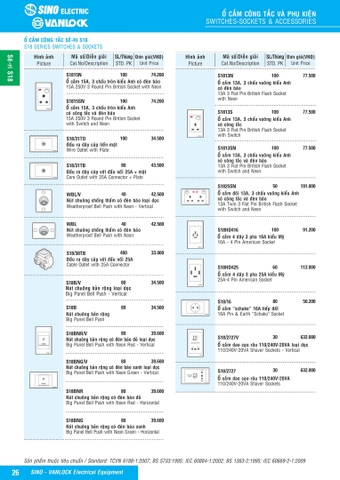 Bảng giá công tắc ổ cắm Sino