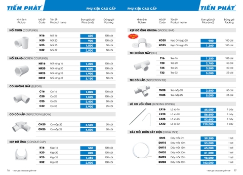 Bảng giá ống luồn phụ kiện nhựa Tiến Phát 2024