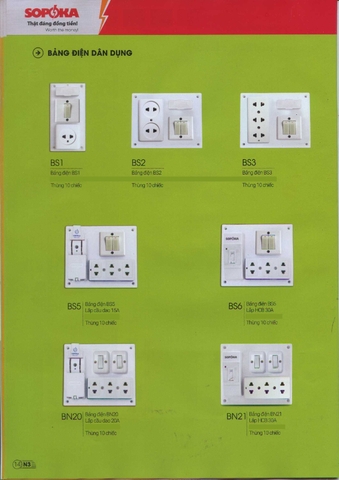 Bảng giá công tắc- Ổ cắm- Phích cắm điện gia đình Sopoka (Chịu tải cao)