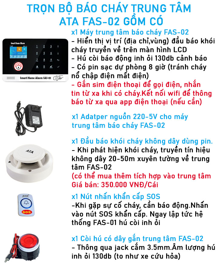 trọn bộ thiết bị báo cháy không dây thông minh ATA